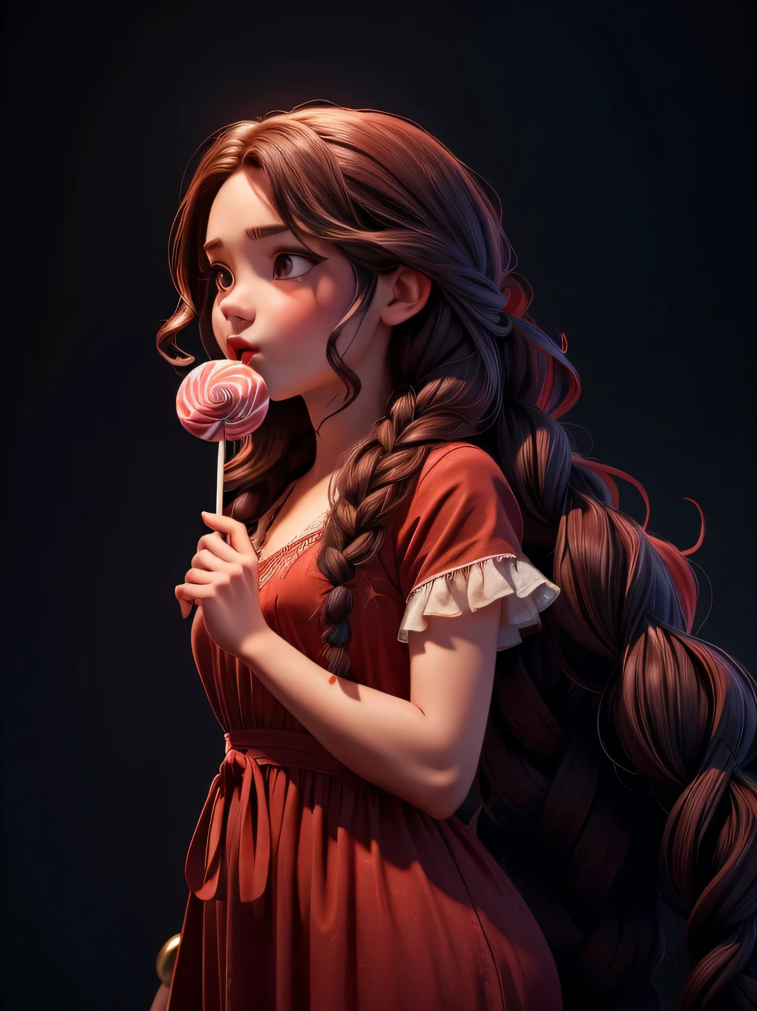 ((Girl licks a lollipop)), wears over a long dress, Red dress, curly black long hair, two braids on long hair, 8K, raw photo, Best quality, masterpiece, Color photography in RAW format with high detail., dramatic lighting, cinematic lighting, Professional lighting,