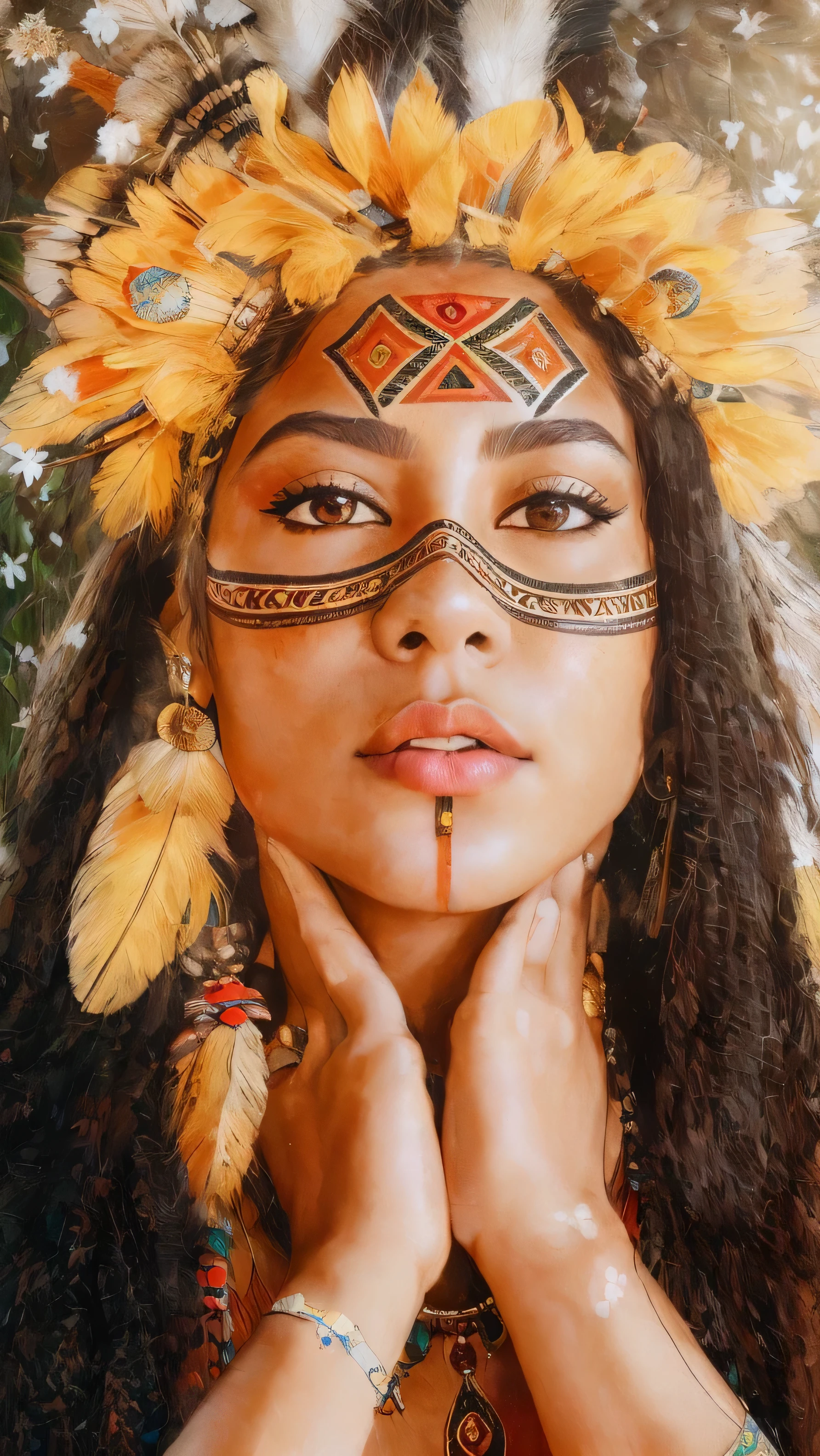 um close de uma mulher com pintura facial e penas, retrato de princesa asteca, maquiagem tribal, pinturas faciais tribais, pintura facial tribal, beautiful young shaman, a young female shaman, Ayahuasca, portrait of a young Pocahontas, beleza tradicional, Pocahontas, maquiagem tradicional, marcas tribais faciais, portrait of Pocahontas