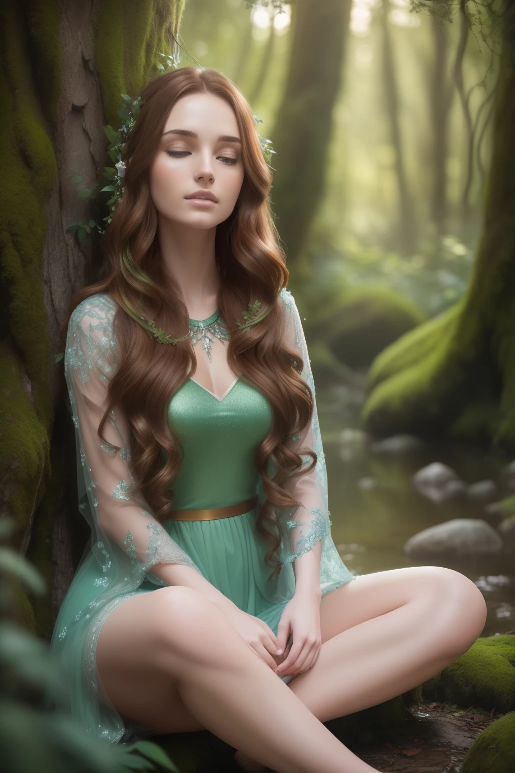 Photo of a beautiful woman in a mystical place, engaged in meditation, ((Long, wavy, chestnut-brown hair)), ((Portrait: 1.2)), ((Detailed face with expressive features)), ((Pale skin with fine texture and natural glow)), sitting cross-legged on a moss-covered stone, (Surrounded by lush greenery and twinkling fairy lights), ((Cool color palette: Blue and green)), ((Reflectors: Natural daylight filtering through the trees)), ((Masterpiece: Highly detailed and textured)), ((Best Quality: 8K Ultra HD, 20MP)), ((Captured using a Canon EOS R