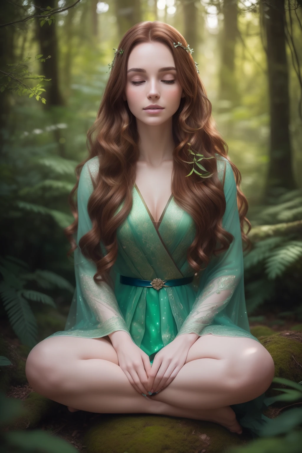 Photo of a beautiful woman in a mystical place, engaged in meditation, ((Long, wavy, chestnut-brown hair)), ((Portrait: 1.2)), ((Detailed face with expressive features)), ((Pale skin with fine texture and natural glow)), sitting cross-legged on a moss-covered stone, (Surrounded by lush greenery and twinkling fairy lights), ((Cool color palette: Blue and green)), ((Reflectors: Natural daylight filtering through the trees)), ((Masterpiece: Highly detailed and textured)), ((Best Quality: 8K Ultra HD, 20MP)), ((Captured using a Canon EOS R