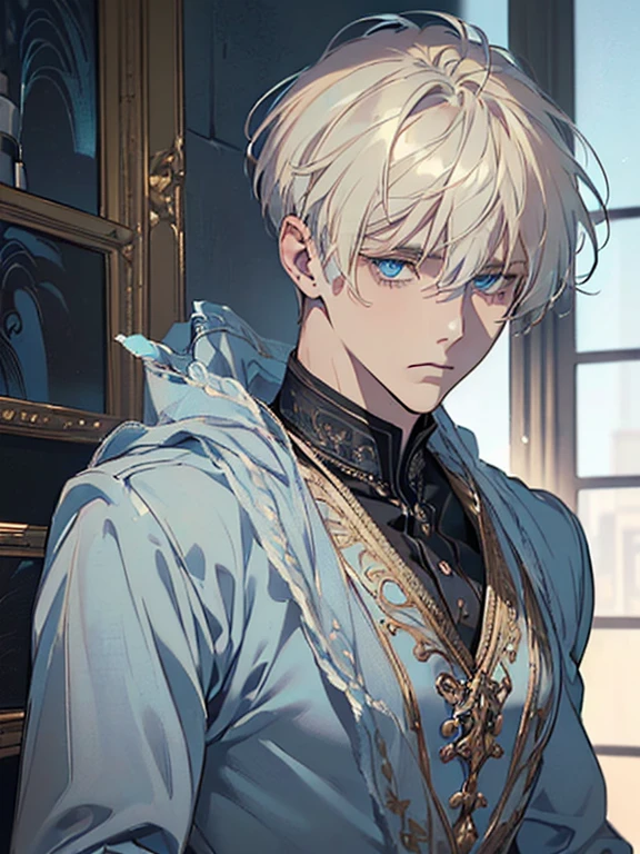 (((I want a man alone, short light blonde hair with a big fringe on his face, serene light blue eyes, a slightly effeminate but detailed and beautiful face, muscular body, wearing a black suit and a serious expression, a little away from the viewer showing half of the body)))