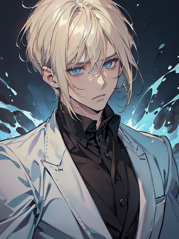 (((I want a man alone, short light blonde hair with a big fringe on his face, serene light blue eyes, a slightly effeminate but detailed and beautiful face, muscular body, wearing a black suit and a serious expression, a little away from the viewer showing half of the body)))