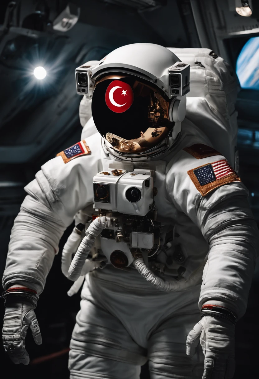 The astronaut is a 30-year-old guy, White and orange metal clothing, ((Turkish patches:1.5 )), Cinematic, photoshooting, Half-backlight, back light, dramatic lighting , Incandescent, soft-lighting, insanely detailed and intricate, Hyper maximalist, Art, elegant pose, dynamic, photografic, volumetric , ultra-detailliert, intricate detials, A super-detailed masterpiece from Gwise, futuristic environment, Turks in space, Turkish flag on the moon, ultra details, 32k image, HD image, realistic photo, a realistic photo taken with a super camera