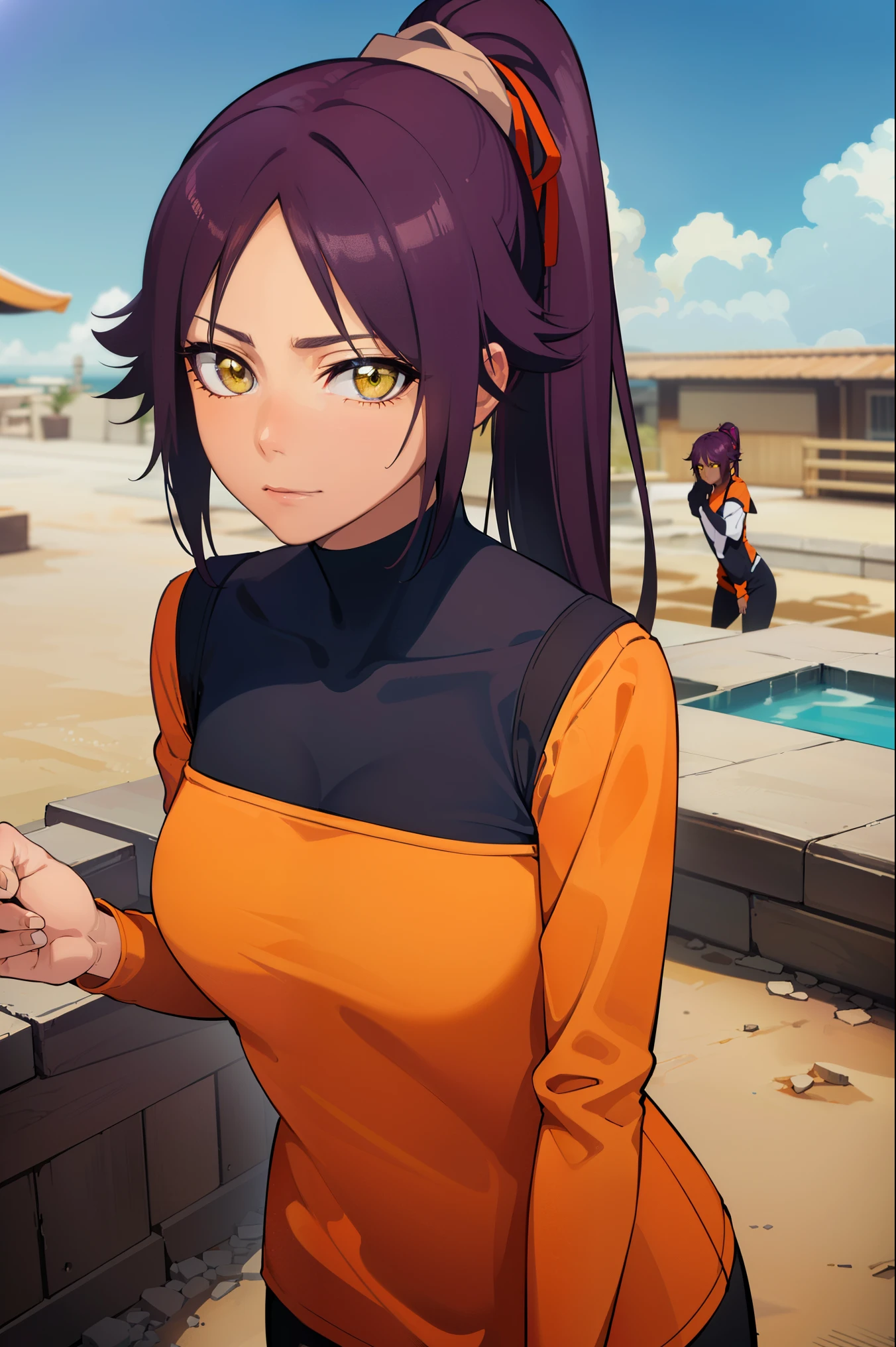 Yorui Chishihou Inn, Yoruichi shihouin, long hair, (yellow eyes:1.5), ponytail, purple hair, black skin, 浅black skinの女性,
break bodysuit, black bodysuit, bodysuit under clothes, shirt, (orange shirt:1.5), long sleeve,
break outdoors,
break looking at viewer, (cowboy shot:1.5),
break (masterpiece:1.2), highest quality, High resolution, unity 8k wallpaper, (figure:0.8), (beautiful and fine eyes:1.6), highly detailed face, perfect lighting, Very detailed CG, (perfect hands, perfect anatomy),