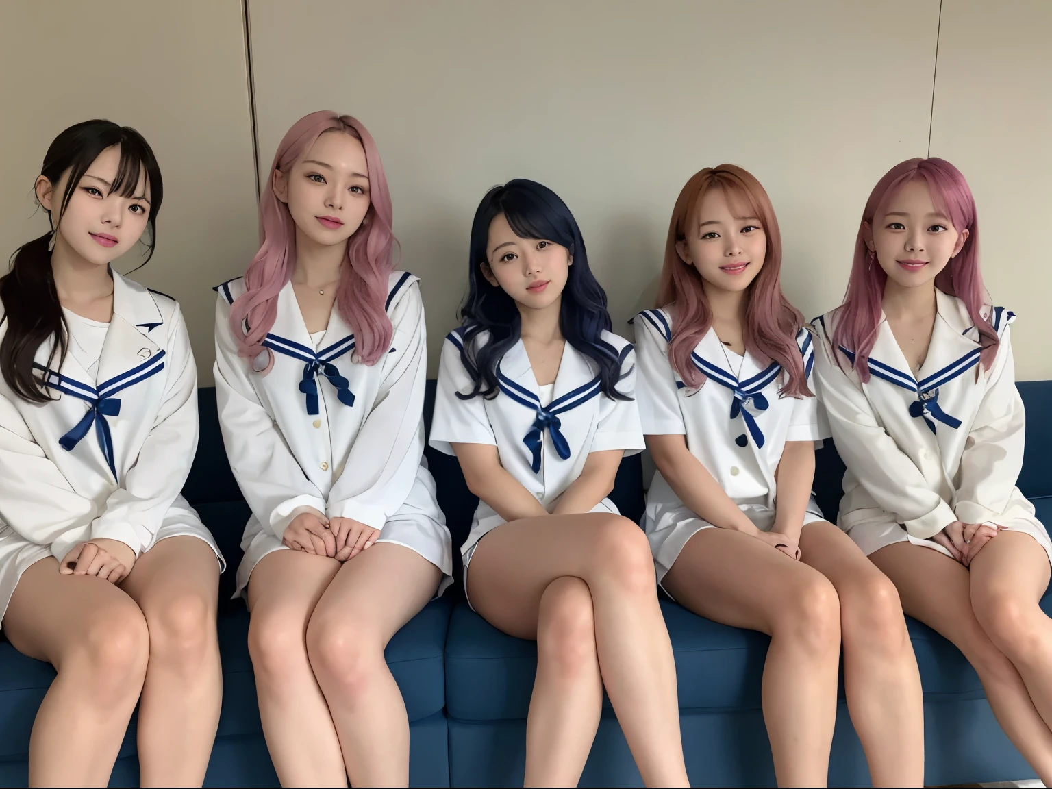 Five wearing JK sailor suits，A girl with a hot body，they sit together，Everyone has different colored hair，ultra high resolution