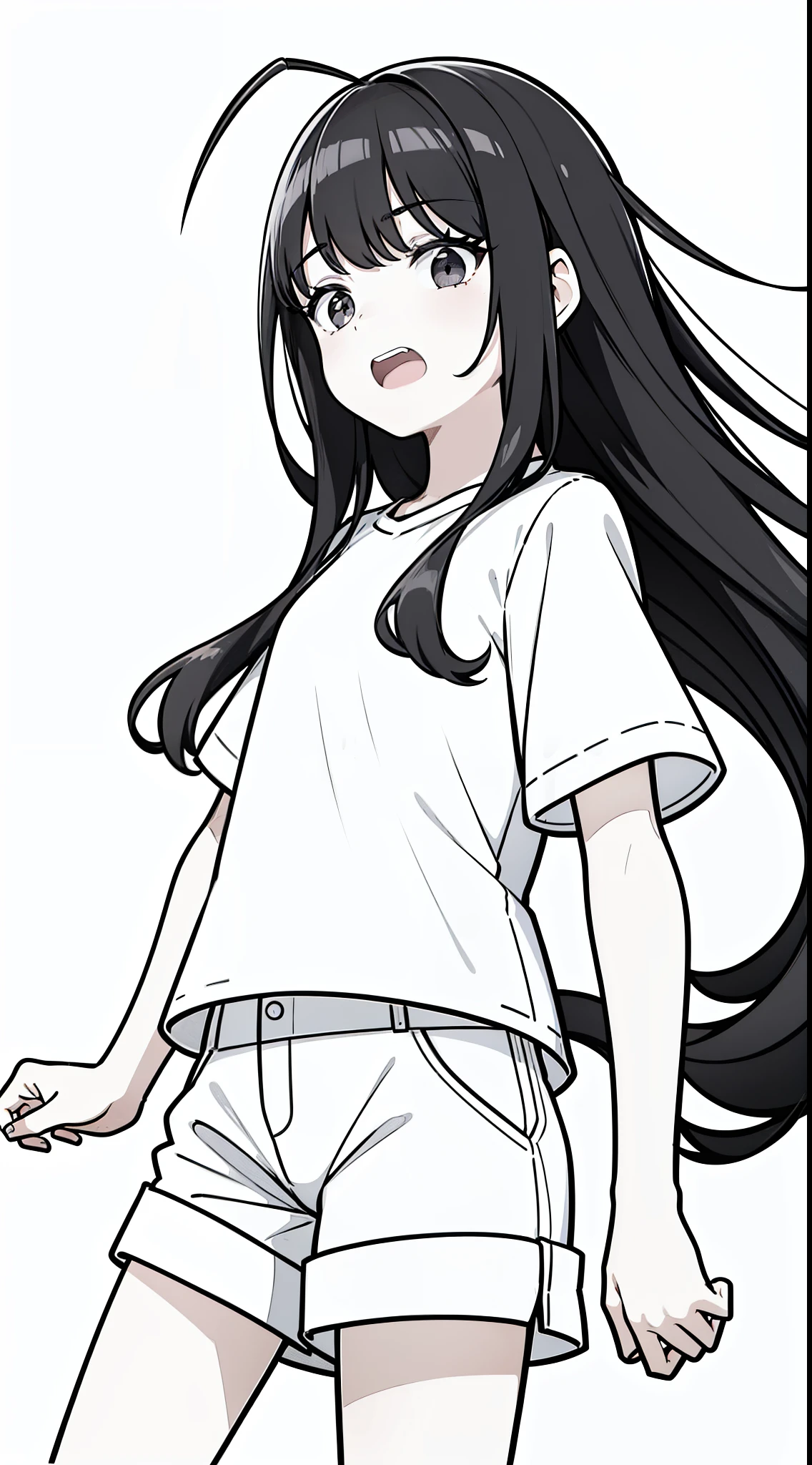 1girl,10s years old,solo,black hair,long hair,(((hair 2antennas))),white shirt,short sleeves,white shorts,(white background, line drawing),black eyes,from front,(open mouth,scared)