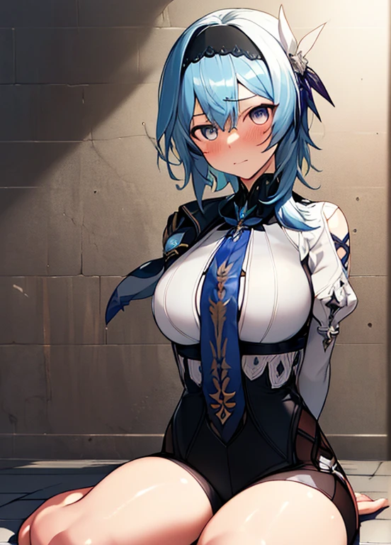 (realistic:1.4), (table top, side light, Beautiful detailed eyes: 1.2), table top*portrait, realistic, 3d face, euladef, Tsundere, outdoor, Day, jail background, short hair, looking at the viewer, stage, (blush), shy, frown, close one eye, Sweat, ((big breasts)), Modification Writing,masterpiece, highest quality, ((((hands tied behind)))), ((turn your arms behind your back)), concrete floor, concrete wall, basementで, basement, Seiza, wariza, ((sitting on the floor)), (shiny hair:1.05), (shiny skin:0.97), (Big eyes:0.95),