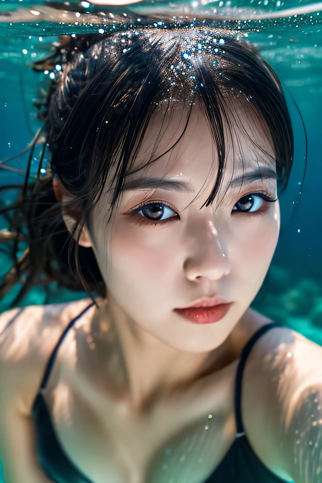 string bikini,,plump body,glowing skin,cute face,beautiful face,double eyelid,cool face,medium hair,black hair,black eye,night,in water,Mysterious,masterpiece, very detailed and beautiful,realistic,gravure,adult woman,Japanese