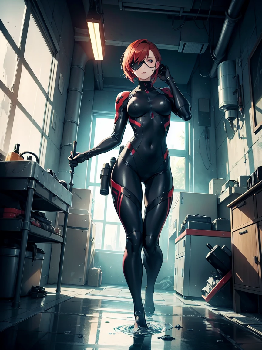 masterpiece, best quality, masterpiece, best quality, finely detail, beautiful detailed eyes, ultra detailed, extremely beautiful CG, super detailed skin, best quality, intricate, {{high quality}}, extra colors, 2D, megapixel, perfectionism, accent lighting, full HD, 4K, villain, dark heroine, 1girl, full body, 1girl, solo female, mature female, full body, contrapposto, resident evil laboratory, metal gear solid v, metroid underwater level, collarbone, red hair, red eyes, short hair, beautiful detailed eyes, weird red hair, short red hair, evil, medium_breasts, best quality, beautifully detailed face, ray tracing, DOF,HDR, thighhighs, fingerless_gloves, skintight clothe, fully clothed, gloves, (eye patch on left eyes:1,2 ), sneaking_suit, tactical gear, tactical uniform, camouflage bodysuit, skintight bodysuit, sneaking_suit, tactical gear, full clothed, indoors, horror movie ambience, character scale for the background, underwater ambience background, science fiction background, indoor, deep underwater base background, glowing, deep underwater base, deep water, official art, water infiltration, deep water through window, Pipeline under water, science fiction laboratory, deep underwater science fiction laboratory background, low water level on ground, corridor, submarine interior,