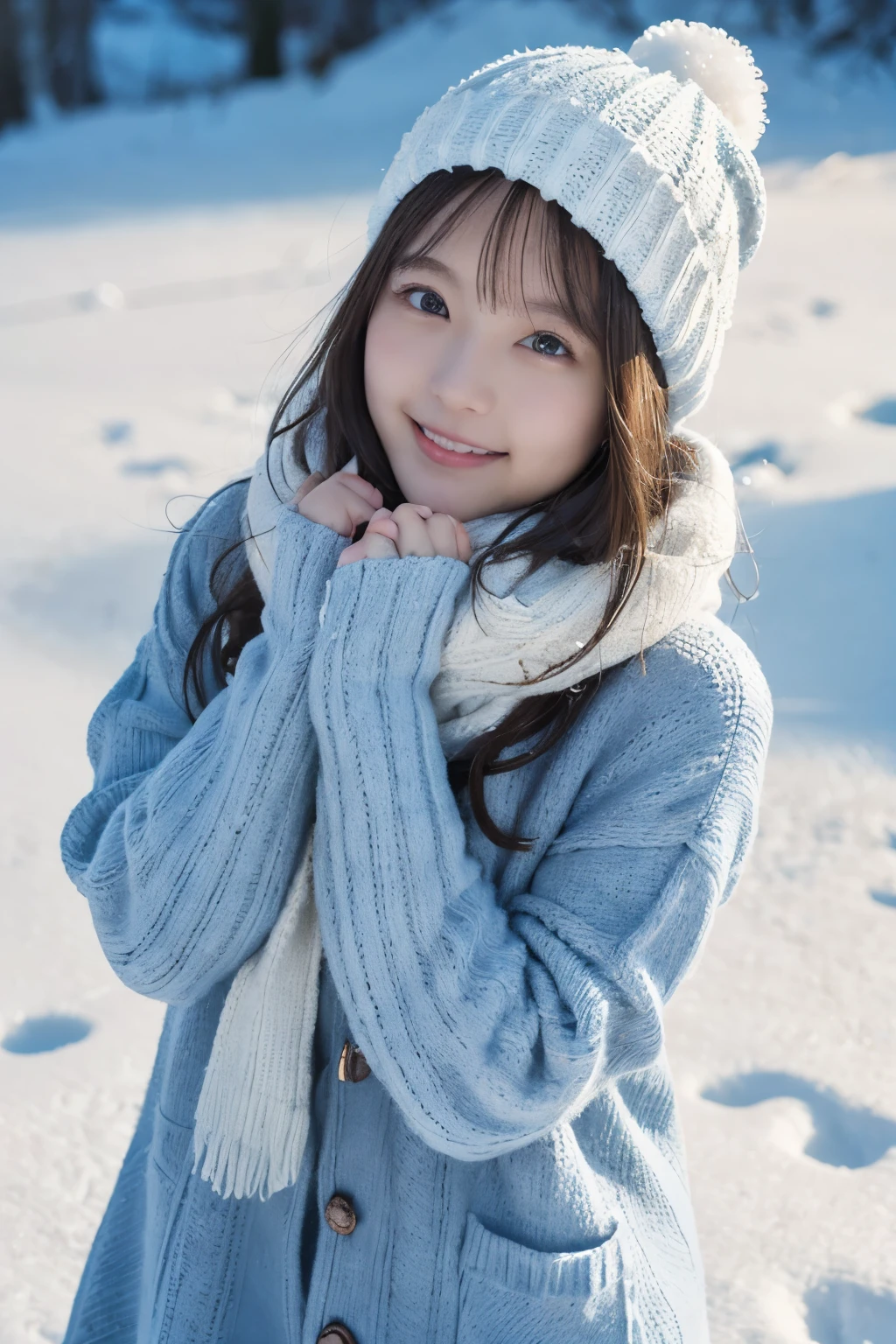 (highest quality,4K,8K,High resolution,table top:1.2),super detailed,(realistic,photorealistic,photo-realistic:1.37),japanese animation,soft colors,fantastic lighting,girl with an innocent look,snow scene,delicate snowflake,detailed winter clothes,My cheeks turned red from the cold,fun snowball fight,cold breath in the air,A sparkling winter wonderland,Sunlight shines through the clouds,peaceful and calm atmosphere,Clear blue sky,delicate shine of snow,Gentle snow is falling in the background,lively and expressive eyes,Snowflakes falling on eyelashes and hair,blush rosy cheeks,Joyful laughter,quiet footprints in the snow,cold and refreshing air,warm winter scarves and beanies,An endless snow field,Delicate and graceful movements,innocence and purity,childlike wonder and joy,winter magic in the air,Lively animated scenes,Soft and comfortable clothing texture,smile and happy face,dream-like fantastic landscape、thread gloves、innocent smile、thighs thighs thighs