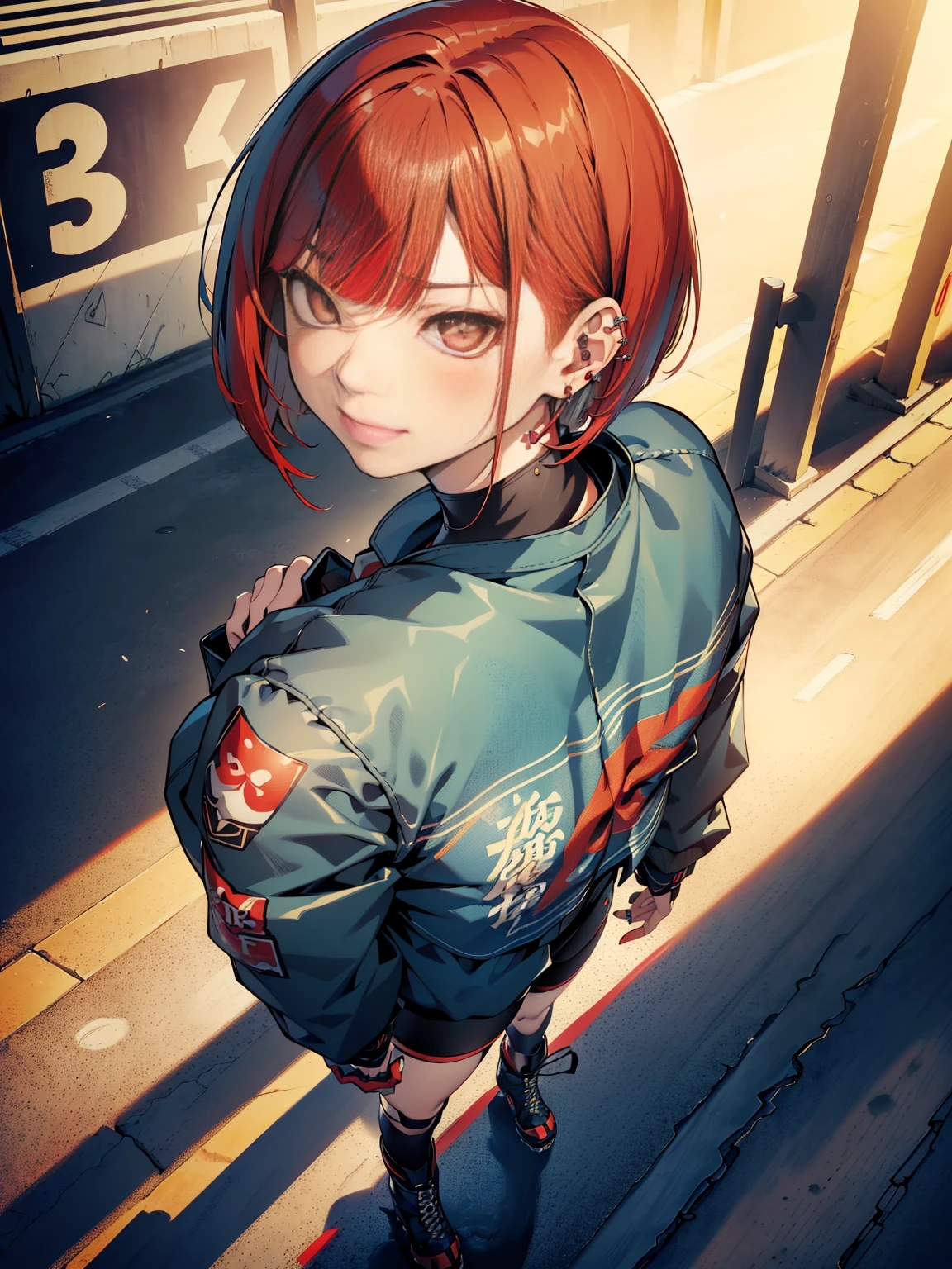 in the art style of persona5 and in the art style of street of rage 4, delinquent, (sukeban), mature_female, blush, mature, older woman, 25 years old, Sukeban teacher outfit, ((((1girl, solo female, solo, solo focus:1,9)))++++, choker, sukeban teacher, sukeban fighter, long_sleeves, open jacket, blue jacket,( jean)+++, light skin tone female, (full body)+++++, jacket, biker jacket, tape, arm_support, gloves, red_gloves, bridal gauntlets, nail polish, boots, black_footwear, fighter outfit, (full body)+++++++, hourglass, mature face, cheeky smile, cheeky face, wrinkles, (((((red hair, short hair, bob cut, earrings, ear piercings)))), red eyeighting art, Martial arts, standing, fighting_stance, fight, fighting), extra colors, 2D, megapixel, perfectionism, accent lighting, full HD , (Masterpiece:1.2), (full-body-shot:1),(cowboy shot:1.2), (Highly detailed:1.2),(anime Detailed Face:1.2), Colorful, A detailed eye, (Detailed landscape:1.2), (natural lighting:1.2), ((sukeban school teacher)) by Vincent Di Fate: Aidyllery, Anamorphic Shot, rule of thirds, face by Artgerm and WLOP, ((street of rage 4 city backround)), fictive city backround in the style art of street of rage 4,