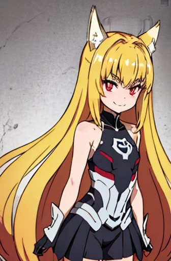 VPSARMOR, black thigh highs, 1girl, Allein, upper body, Blick auf den Betrachter, Blick auf den Betrachter, Smile. Wolf ears, nine tails, evil smile, red eyes