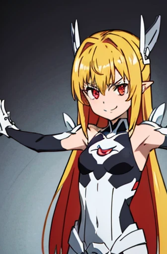 VPSARMOR, black thigh highs, 1girl, Allein, upper body, Blick auf den Betrachter, Blick auf den Betrachter, Smile. Evil smile, red eyes