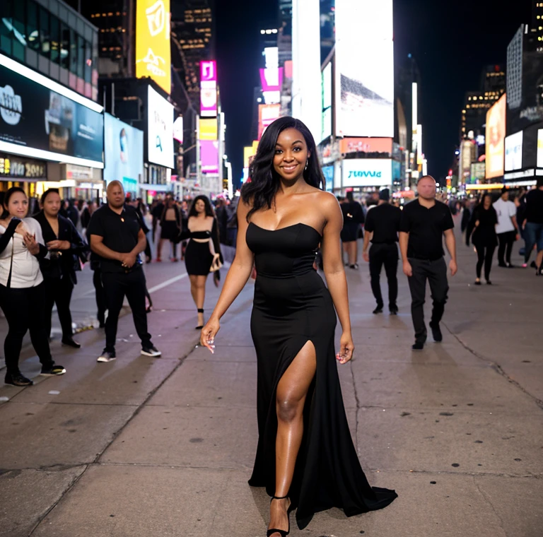 Make a 28 year old black woman, usando um vestido elegante a noite, caminhando sobre a times square e melhor qualidade, luz natural, pele bonita
