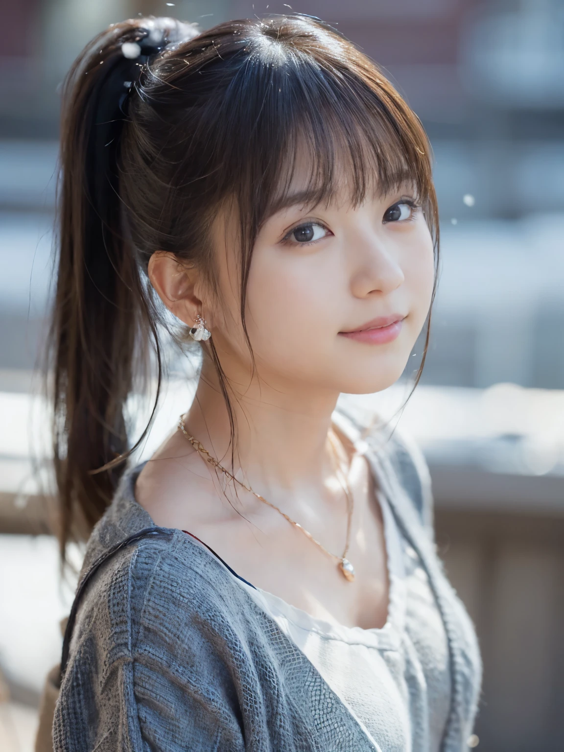 Cute high school girl 18 years old wearing a purple miniskirt、that&#39;it&#39;s snowing outside、(In 4K, best quality, High resolution:1.1), (Reality, photorealistic:1), flat chestアスカ, (cute type:1.8), Cuties, solo, (flat chest:1.2), detailed eyes, brown eyes, innocent eyes, blush, casual clothes, supreme masterpiece, Beautiful lights, movie lights, Movie Particles, Jewelry is, heart shaped earrings, bangs, Cherry lips, look at the audience, upper body whole body, Lips apart, ponytail, side ponytail, Both sides facing up, Depth of bounds written, background blur, Eye focus, It&#39;s blurry, 85mm lens, Breasts F/1.4, professional lighting, photon mapping, radio city, Physically based rendering, high detail, muste piece,innocent smile、18 year old girl、Looking at the camera
