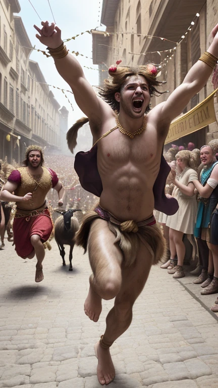 **Title: Ancient Revelry: Luperci's Barefoot Run with Goat-Skin Straps** **Recommended aspect ratio: 16:9** **Quality tags:** masterpiece, vibrant:1.3, high resolution, historical celebration **Character/subject tags:** Spirited Luperci youth running shirtless through the streets with goat-skin straps, (exuberantly embracing ancient rites:1.2), (illustrating the vivacity of historical celebrations:1.1), capturing the lively essence of Lupercalia festivities **Medium tags:** digital art, historical celebration illustration, energetic portrayal, rich and detailed **Background environment tags:** bustling ancient streets filled with cheering onlookers, (dynamic lighting enhancing the celebratory atmosphere:1.2), (animated crowd contributing to the energetic ambiance:1.1), ambiance of historical revelry **Color tags:** vibrant Lupercalia hues, dynamic festive ambiance **Atmospheric tags:** lively, historical celebration, Luperci's energetic revelry, ancient revelry **Emotion tags:** exuberance, vivacity, Lupercalia festivity **Composition tags:** dynamic shot capturing the spirited Luperci youth running through vibrant streets, detailed portrayal of animated onlookers and the energetic ambiance, conveying the lively essence of Lupercalia festivities in ancient Rome