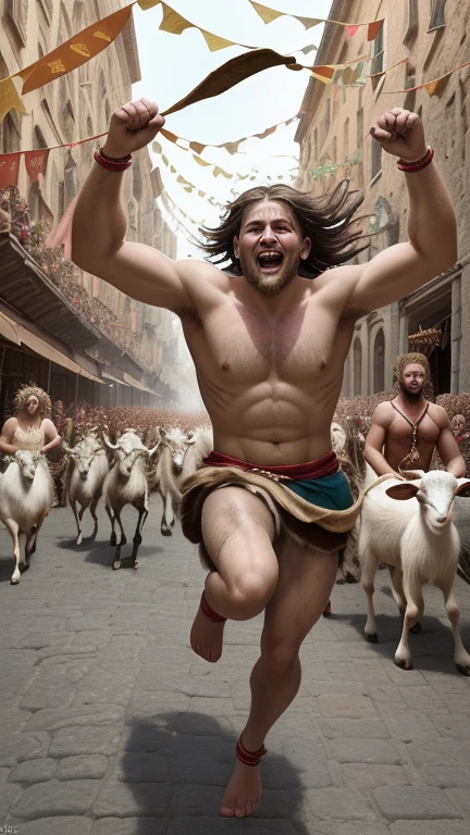 **Title: Ancient Revelry: Luperci's Barefoot Run with Goat-Skin Straps** **Recommended aspect ratio: 16:9** **Quality tags:** masterpiece, vibrant:1.3, high resolution, historical celebration **Character/subject tags:** Spirited Luperci youth running shirtless through the streets with goat-skin straps, (exuberantly embracing ancient rites:1.2), (illustrating the vivacity of historical celebrations:1.1), capturing the lively essence of Lupercalia festivities **Medium tags:** digital art, historical celebration illustration, energetic portrayal, rich and detailed **Background environment tags:** bustling ancient streets filled with cheering onlookers, (dynamic lighting enhancing the celebratory atmosphere:1.2), (animated crowd contributing to the energetic ambiance:1.1), ambiance of historical revelry **Color tags:** vibrant Lupercalia hues, dynamic festive ambiance **Atmospheric tags:** lively, historical celebration, Luperci's energetic revelry, ancient revelry **Emotion tags:** exuberance, vivacity, Lupercalia festivity **Composition tags:** dynamic shot capturing the spirited Luperci youth running through vibrant streets, detailed portrayal of animated onlookers and the energetic ambiance, conveying the lively essence of Lupercalia festivities in ancient Rome