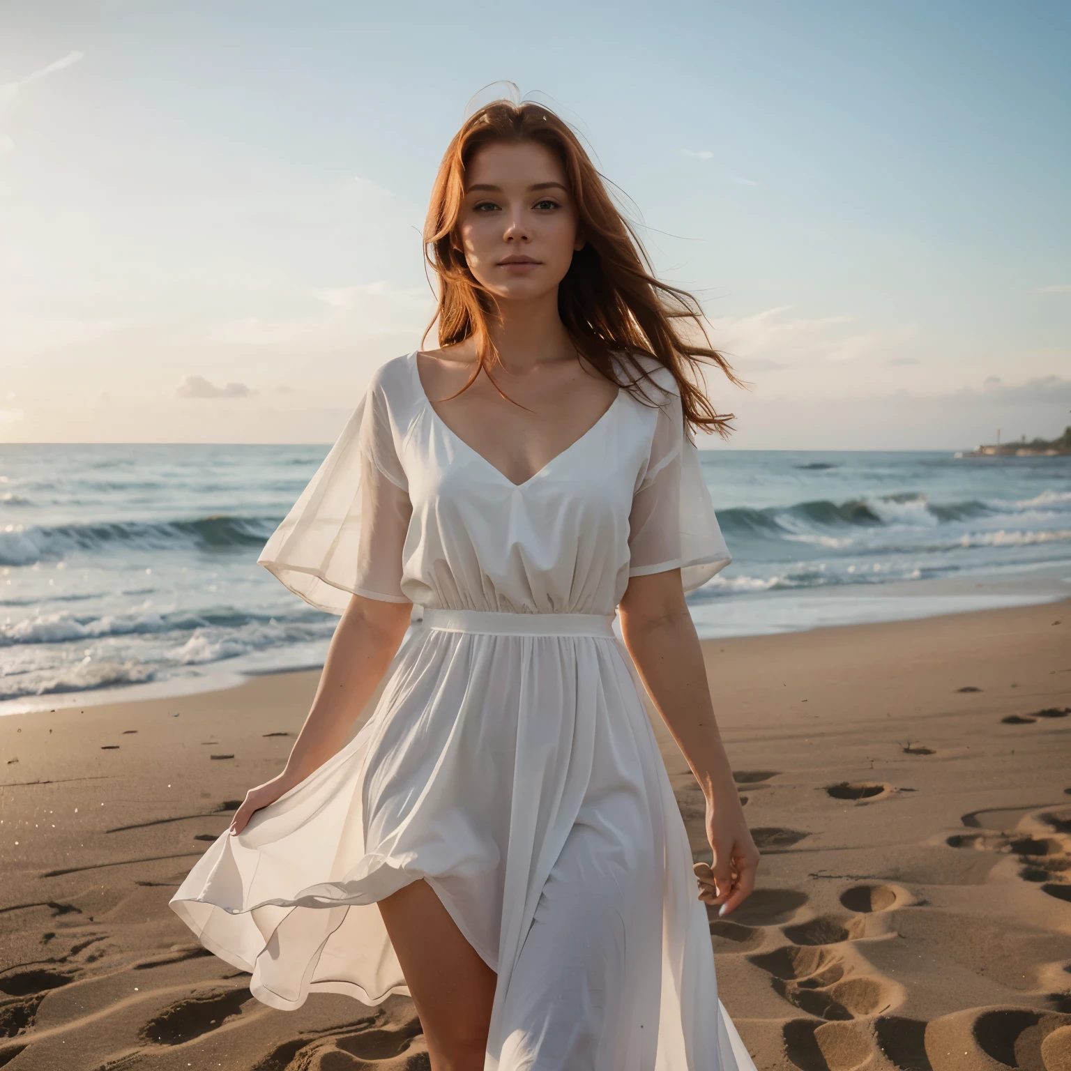 Women with ginger hair and pretty face walking in the sand in a white dress. Ocean in the background. The wind lightly blows. Sunset. High quality. Realism