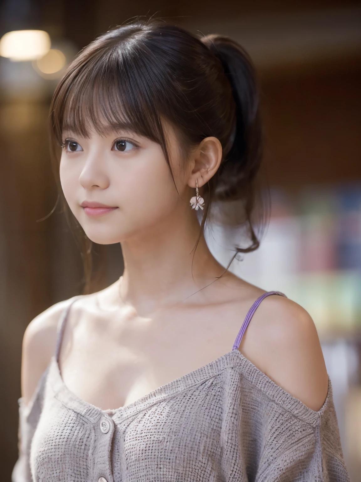 Cute high school girl 18 years old wearing a purple miniskirt、that&#39;it&#39;s snowing outside、(In 4K, best quality, High resolution:1.1), (Reality, photorealistic:1), flat chestアスカ, (cute type:1.8), Cuties, solo, (flat chest:1.2), detailed eyes, brown eyes, innocent eyes, blush, casual clothes, supreme masterpiece, Beautiful lights, movie lights, Movie Particles, Jewelry is, heart shaped earrings, bangs, Cherry lips, look at the audience, upper body whole body, Lips apart, ponytail, side ponytail, Both sides facing up, Depth of bounds written, background blur, Eye focus, It&#39;s blurry, 85mm lens, Breasts F/1.4, professional lighting, photon mapping, radio city, Physically based rendering, high detail, muste piece,innocent smile、18 year old girl、Looking at the camera

