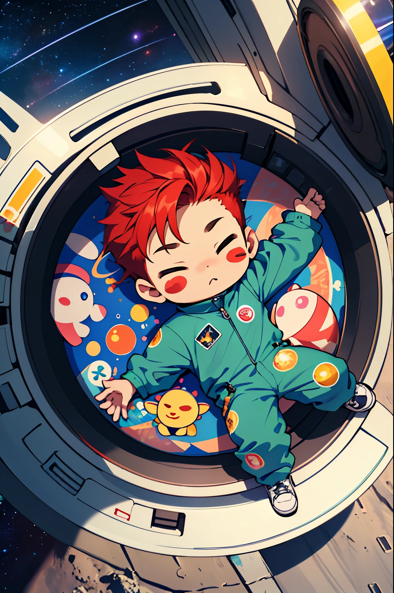 ((Sticker: 1.5))), ((Chibi Chara)), (Dark Background), Fluffy, boy, green jumpsuit, Cowboy Costume, With Belt, With Ray Gun, Lying on Side, Beach Pose, Chibi Chara, Full Body, red Hair, Fairy Tale, Fantastic, T-Shirt Design, Masterpiece, Best Quality, 16k, Space Station Background