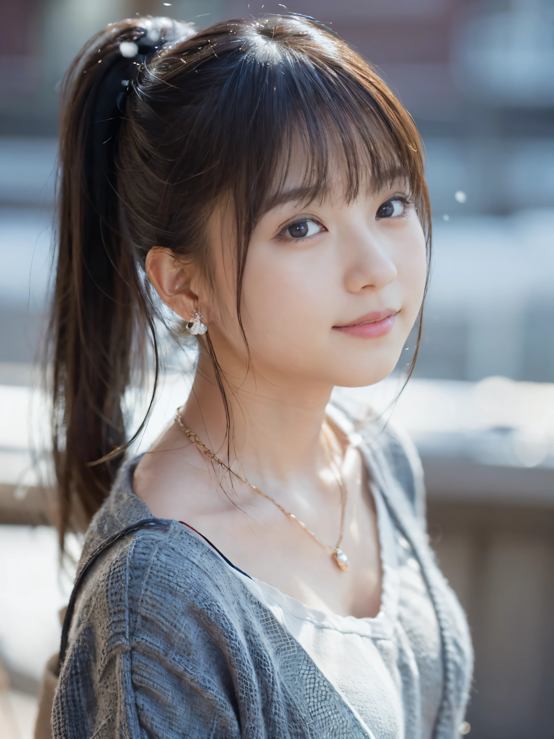 japanese woman　18-year-old　shy smile　Hair up to the shoulders　Big