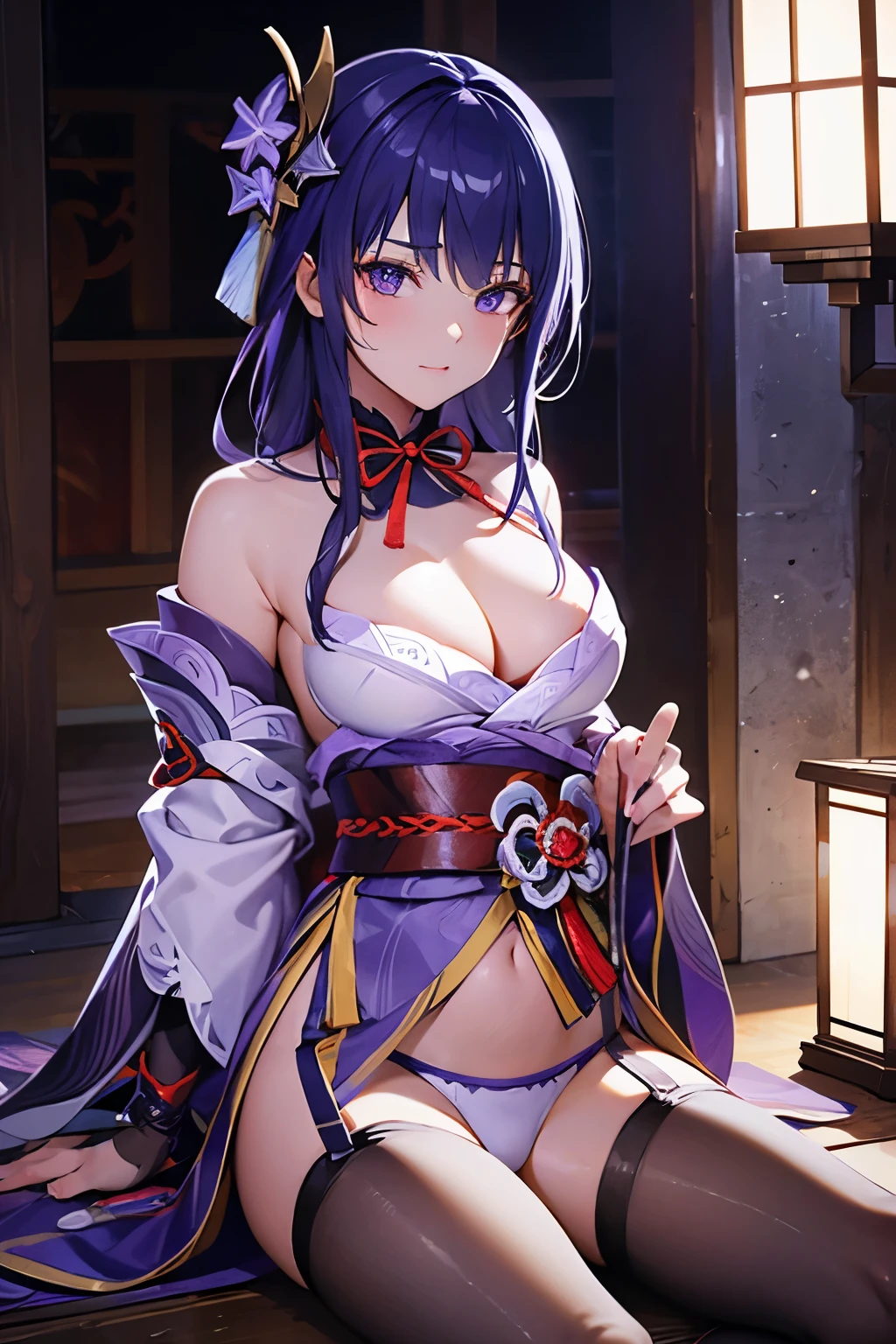 raiden shogun from genshin impact, purple transparent lingerie, perfect body, detailed image, lights,
