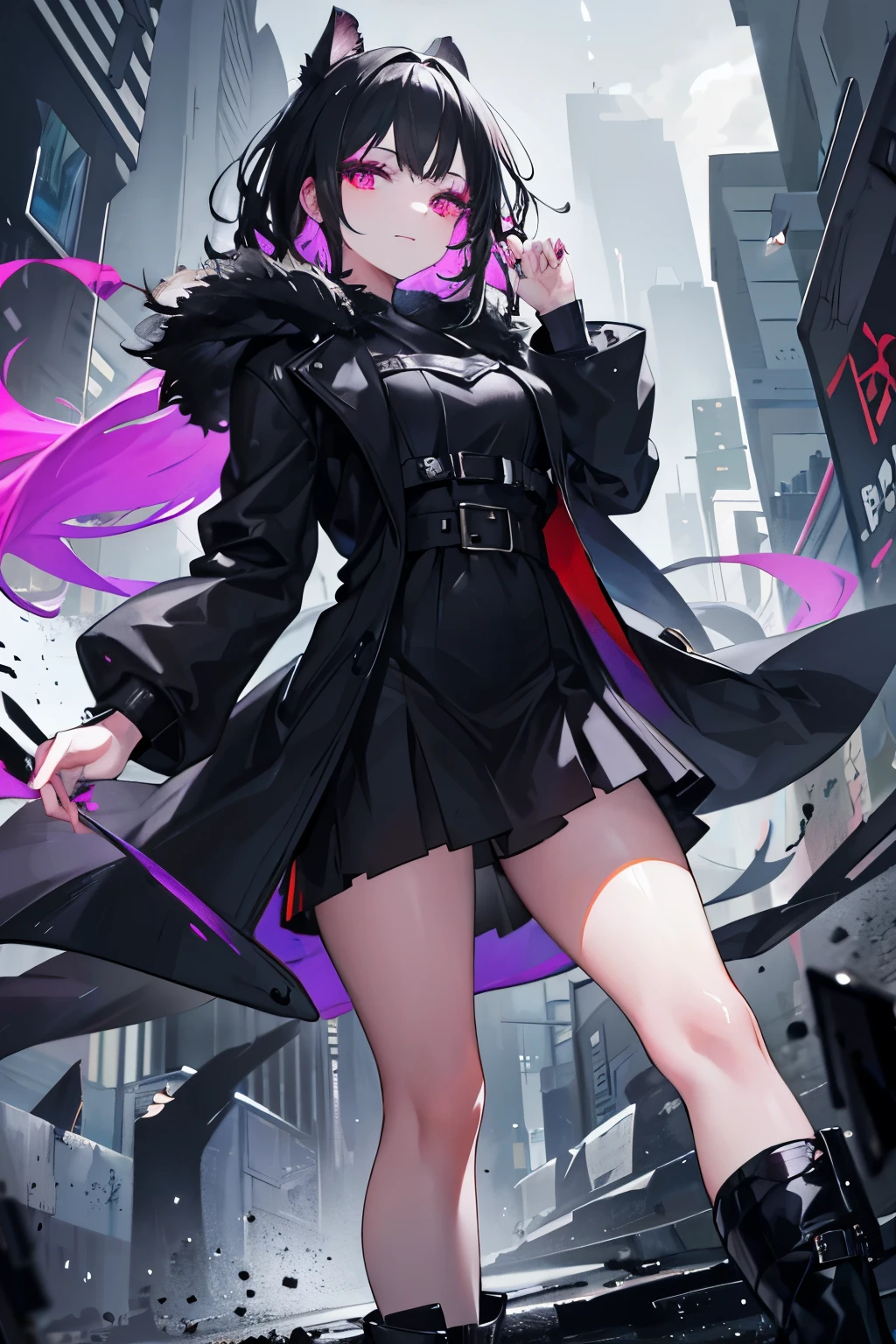 1girl, with vibrant makeup, in a night city covered in heavy rain, wearing an elegant black coat, looking up with a confident expression.