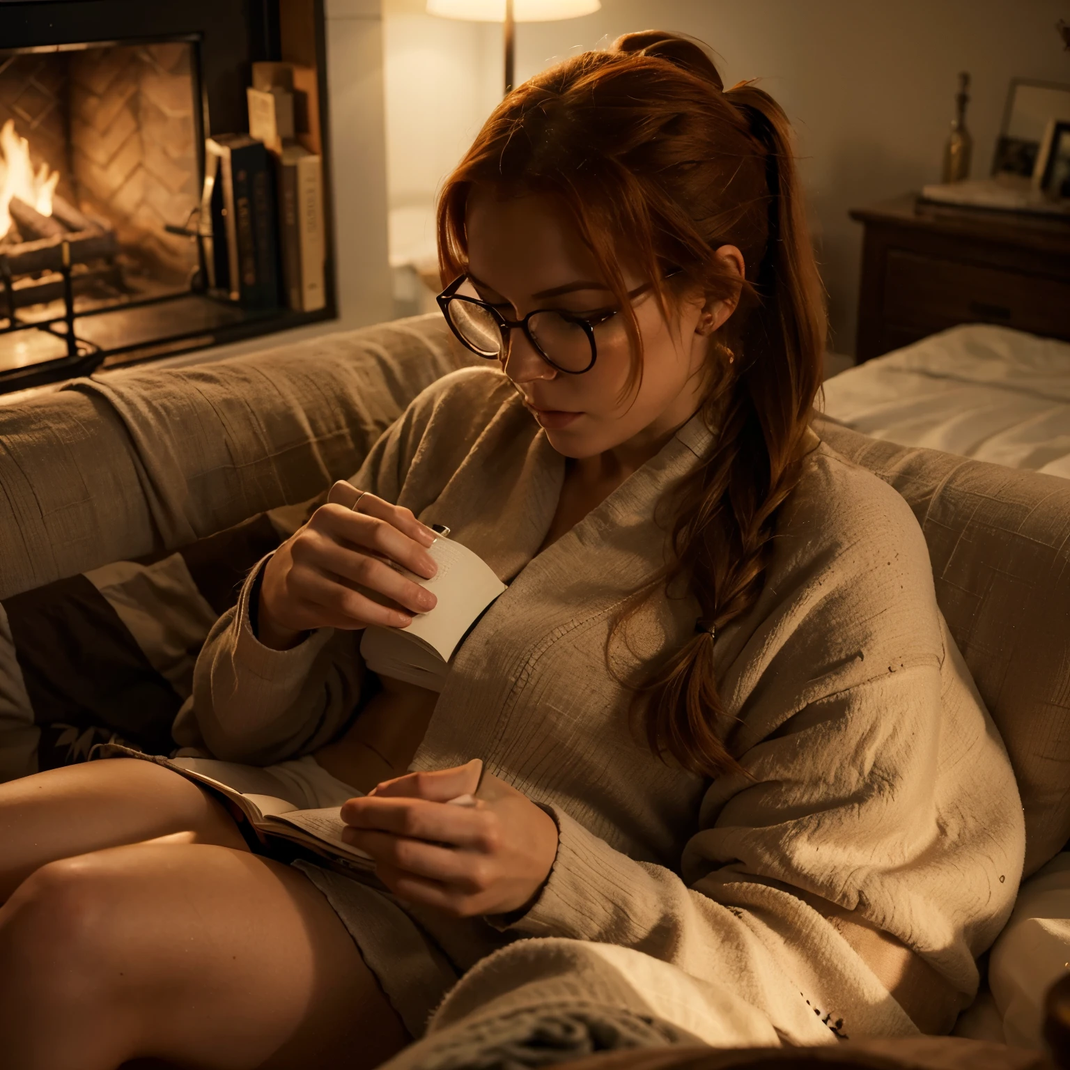 Hot women with ginger hair and fit body. Reading haunting adeline book. Glasses. Ponytail.  Blanket. Hot chocolate. Warm. High quality. Realism. Realistic 