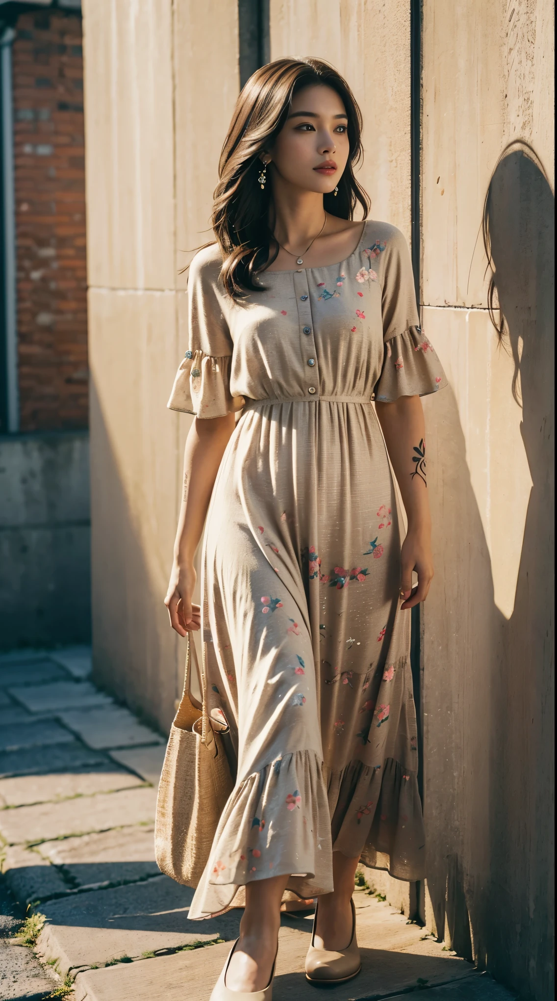 50 years old, gorgeous cute  Brazilian girl, smirk, freckles, polaroid photo, (dark skin:1.4), (medium beige hair:1.4), (Kang Minji:1.4), Mikasa_ackermanthere is a woman standing on a brick walkway with a purse, wearing a long flowery dress, wearing a long dress, 30 years old woman, 30 years old woman, wearing a flowing dress, profile pic, gorgeous lady, wearing in a summer dress, wearing floral chiton, 1080p, dressed with long fluent clothes, handsome girl, wearing white shoes, medium brown hair, carrying a luxury bag, wearing glasses, photo from above, Earrings, winner of most beautiful model, famous beautiful model, good young girl, (masterpiece:1.0),(best_quality:1.0), ultra high res,4K,ultra-detailed, photography, 8K, HDR, highres, absurdres:1.2, Kodak portra 400, blurry background, bokeh, lens flare, (skin texture:1.2), (vibrant_color:1.2),professional photograph, (the_tattoo:1.4), (beautiful_face:1.5),(narrow_waist). --v 6