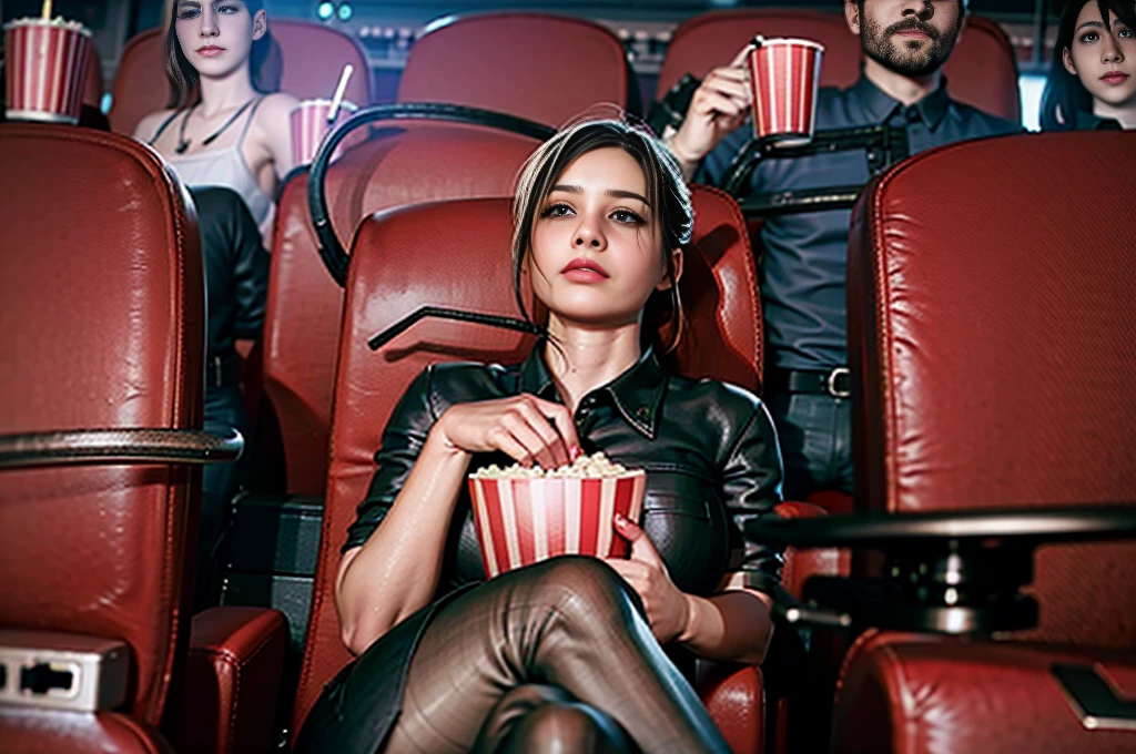 woman sitting in a movie theater with popcorn and drinks, sitting in a movie theater, in a cinema, cinematic flavor, cinematic feeling, [ cinematic, cinematic movie, cinematic movie image, expansive cinematic view, award-winning cinema, cinematic view, cinematic feel, sexy movie photo, cinematic mode, 1girl, 19 YEARS old, white, mix of taylor hill face, amber heard face, miranda kerr face, cute face, dimple, jaw dropping beauty, green-blue eyes, medium to long hair, brown hair, wavy hair, medium to large breasts, sexy cleavage, big butt, sexy hips, good body proportions, perfect legs, confident woman, sexy attire. fair skin, Smile. She looks amazing. She wears a sexy short dress, designer dress, multicolors, vibrant color, Set the scene in a theater, in Hollywood, watching a movie, sitting on the chair, red chair, people in the background, super sharp image, 8K,16k, , very attractive girl, vibrant colors, very good light, real life, realistic, hdr, the photos are taken with camera model Sony a7III, which is the most popular camera used by professional photographers, super realistic.