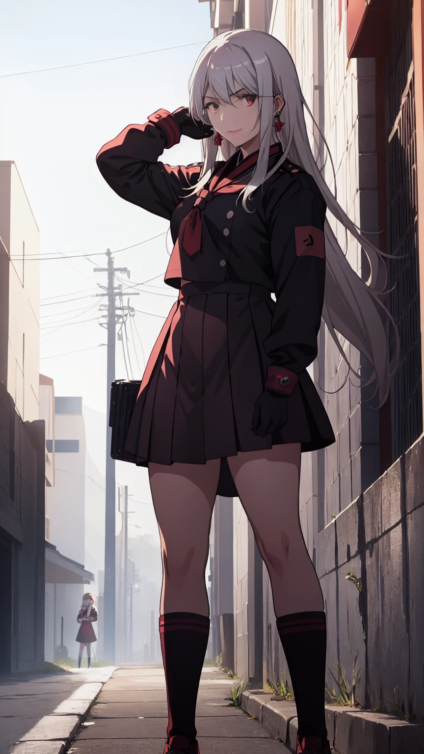 sukeban illyasviel_von_einzbern, mature_female, silver hair, holding yoyo, combat pose, full body, flowing hair, hair between the eyes, asymmetrical hair, red eyes, delicate facial features, sukeban deka clothe, looking_at_viewer, outdoors, background tokyo, ((solo girl:1,5))+++++,woman in a 80's sukeban seifuku standing on a set of strees, black , 80's japanese sukeban photo, sukeban seifuku, 80's japan, sukeban, long black skirt, red converse, full body, light skin tone female, full body, tape, arm_support, gloves, red_gloves, bridal gauntlets, blackred_footwear, fighter outfit, full body, hourglass, mature face, cheeky smile, cheeky face, wrinkles,( silver long hair, earrings, ear piercings), realistic, (fighting art, Martial arts, standing, fighting_stance, fight, fighting), extra colors, 2D, megapixel, perfectionism, accent lighting, full HD , 4K, masterpiece, empty red eyes