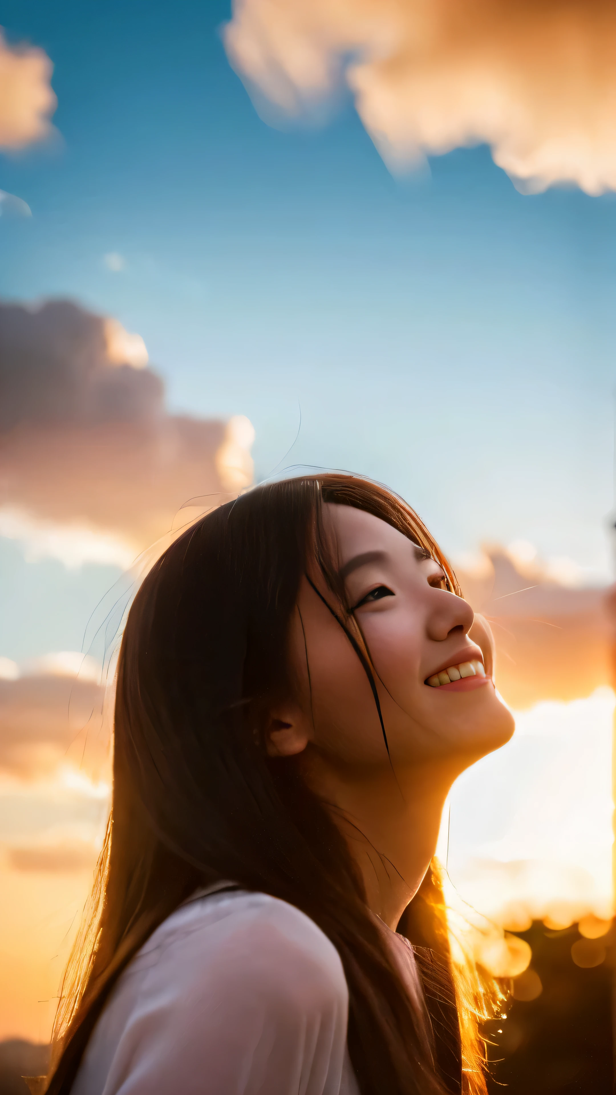 masterpiece, best quality, movie still, 1girl, cloud girl, floating in the sky, close-up, bright, happy, warm soft lighting, sunset, (sparks:0.7)