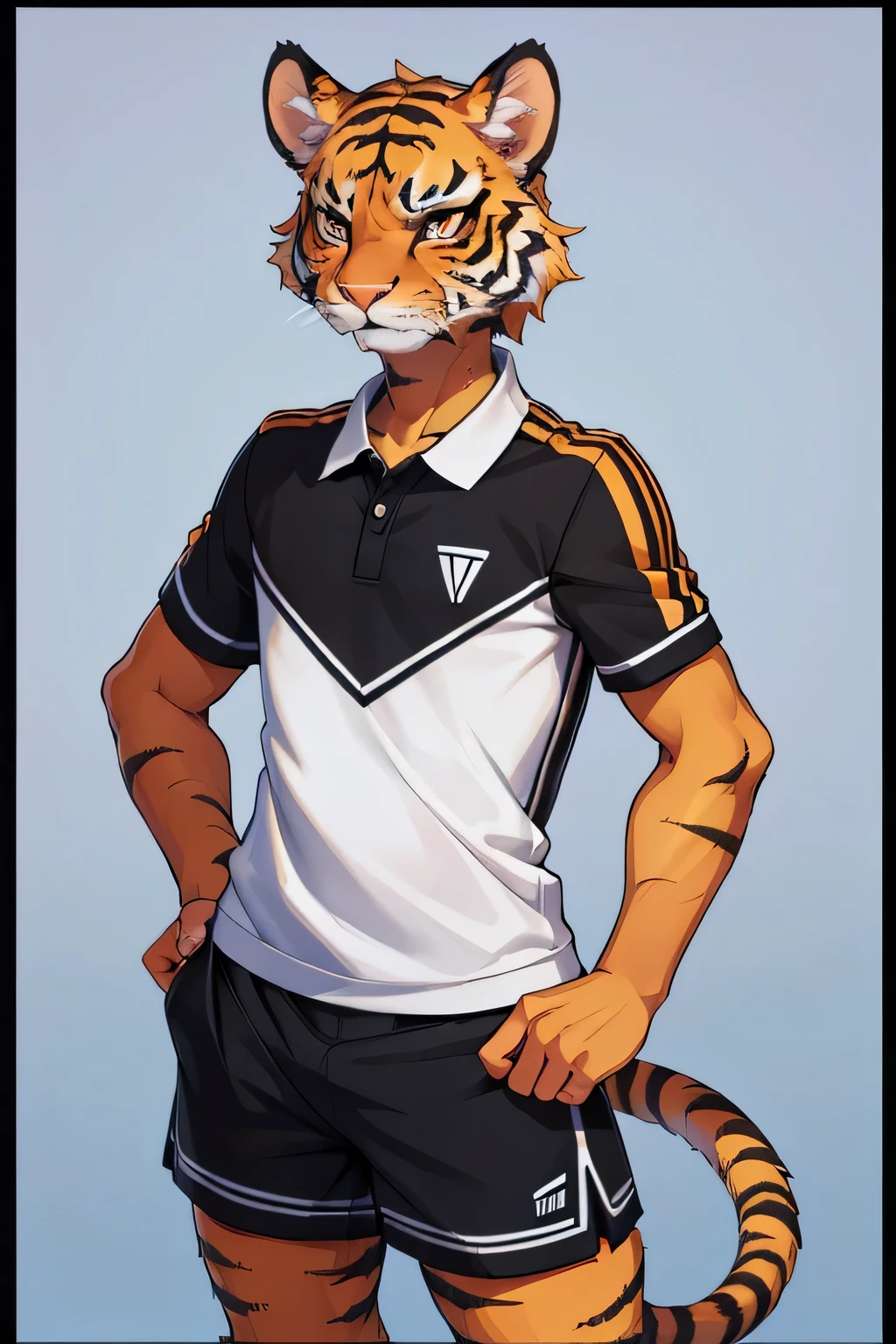 anthropomorphic male tiger, tennis uniform, black shorts, tennis field, furaffinity, perfect composition, high detail, diamond-shaped pupils, best quality, super detailed, annoyed expression