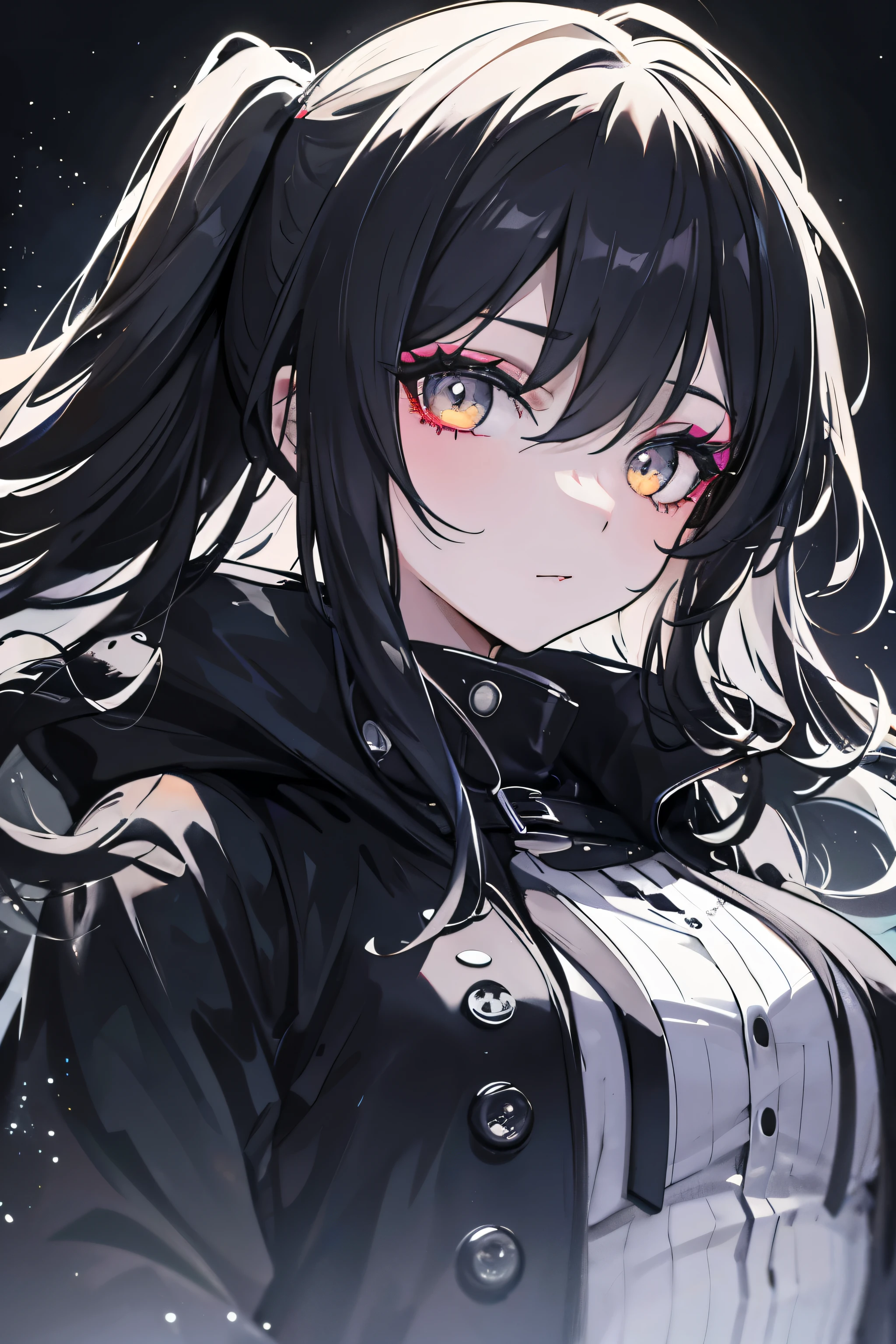 1girl, with vibrant makeup, in a night city covered in heavy rain, wearing an elegant black coat, looking up with a confident expression.