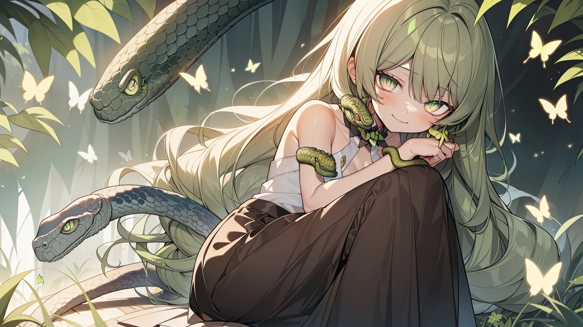 1 girl，Best quality, tmasterpiece, Long green hair, beautiful,detailed eyes, HD, super cute girl, super cute hairstyle, extremely detailed, The face is slightly red，is shy，adolable， small breasts cleavage, skirt, pleated skirt, frills, (solo:1.6), seductive smile, (green eyes with beautiful snake pupils:1.7), (on her knees:1.5), (garden background with butterflies and flowers around:1.2),