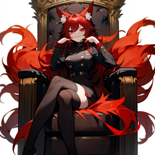 masterpiece, best quality, 1girl, long hair, big bust, very long red hair, yellow eyes, buns with braid , black uniform, crown, golden earrings, good anatomy, red gloves, boots, heels, evil, emotionless, intimidant, bloody, detailed eyes, throne, dark background, close up, ((detailed eyes)), beautiful eyes, straigh bang cut, close focus