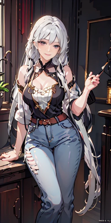 A painting of smiling girl with white hair and pigtails wearing violet T-shirt and jean pant sits on a chair., artwork in the style of Gouvice, Realistic rendered anime girl, 8K vertical rendering, Gouvice on artstation pixiv, Rendering of a cute anime girl., Gouvice on pixiv artstation, Gouvice, Detailed digital anime art, smooth cg anime art