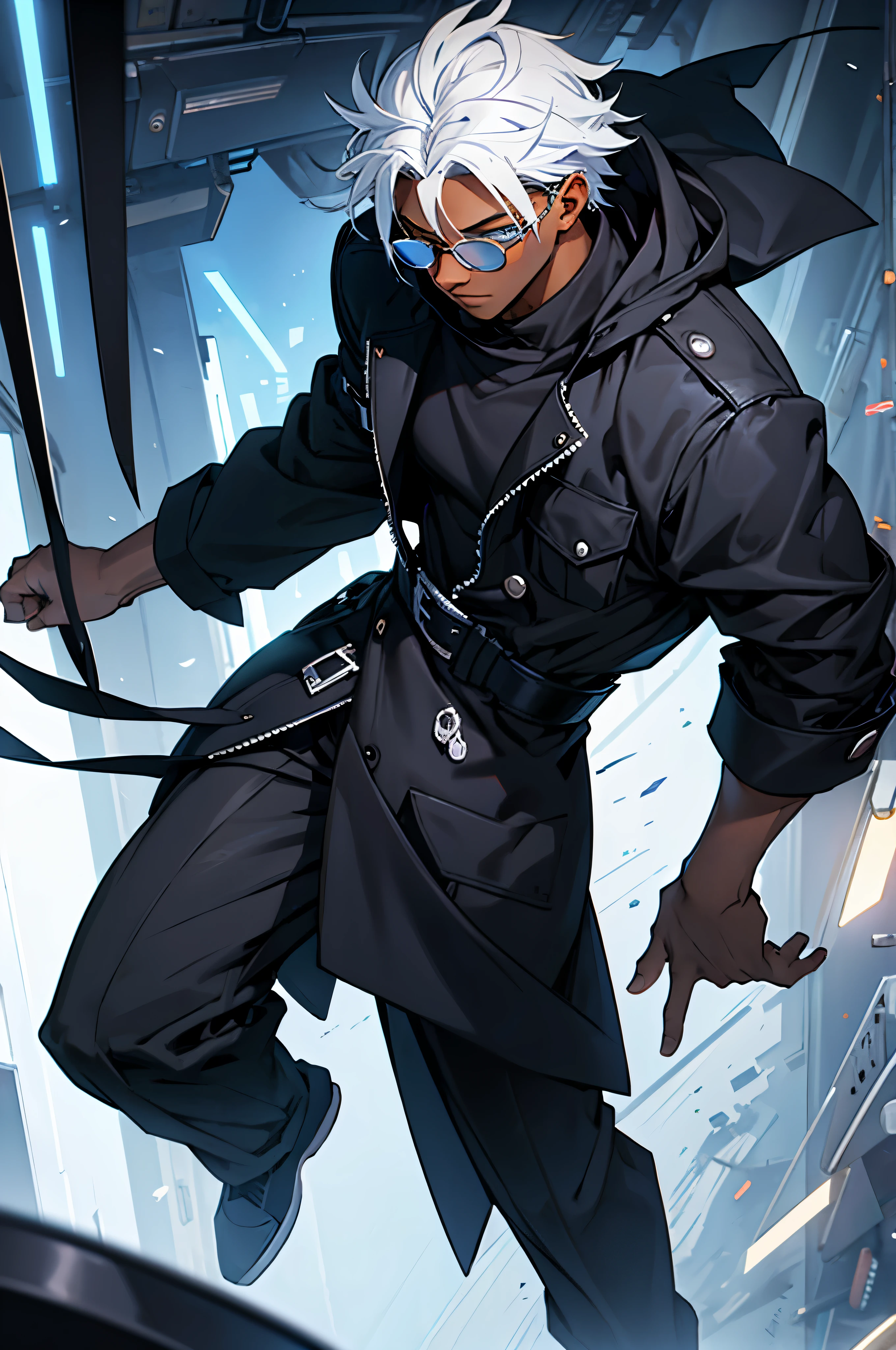 baggy black coat, round glasses, blue eyes, dark skin