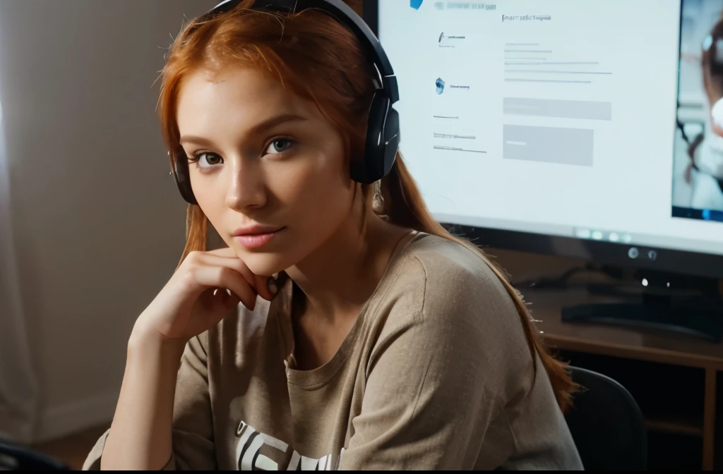 Hot ginger women with fit body. Pretty face. Brown eyes. Light make-up. Ginger hair in ponytail. Sweatpants and shirt. Headset. Sitting in front of a pc. Gaming. Focusing on the game. High-quality. Perfection. 