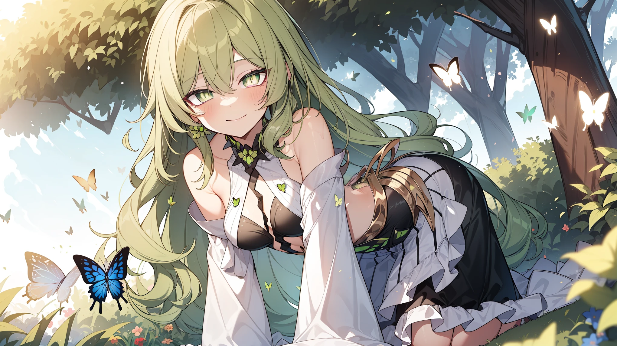 1 girl，Best quality, tmasterpiece, Long green hair, beautiful,detailed eyes, HD, super cute girl, super cute hairstyle, extremely detailed, Visually inspect the audience, The face is slightly red，is shy，adolable， small breasts cleavage, skirt, pleated skirt, frills, white dress, (solo:1.6), seductive smile, (green eyes with beautiful pupils:1.7), (on her knees:1.5), (garden background with butterflies and flowers around:1.2),