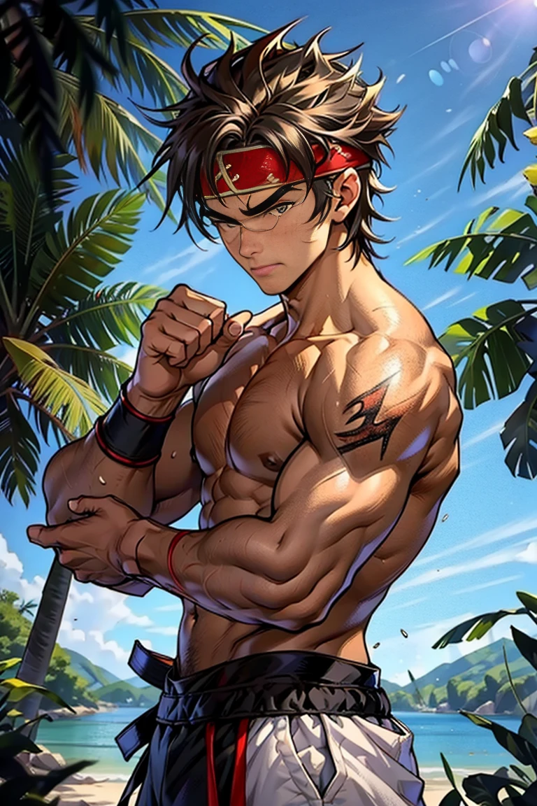 (Masterpiece, Best quality 17 year old boy，Shota), solo, Young, boy, Dark Short hair, full bodyesbian, Shirtless, babyface, topless, green headband, Vivid colors,(Depth of field:1.2),(Abs), view the viewer, black wristband, closed mouth, serious, topless male, pale tanned skin with tight muscler body, Man with martial arts stance, epic kung fu pose,