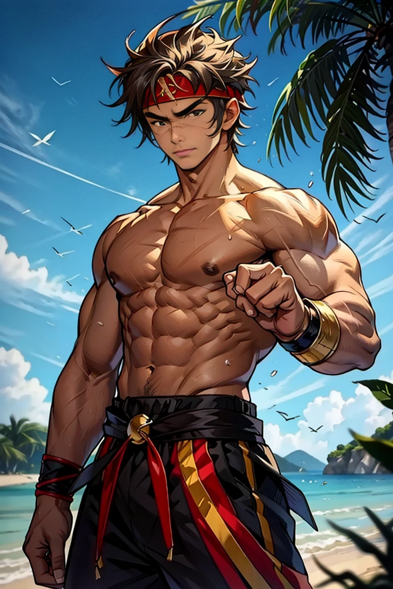(Masterpiece, Best quality 17 year old boy，Shota), solo, Young, boy, Dark Short hair, full bodyesbian, Shirtless, babyface, topless, green headband, Vivid colors,(Depth of field:1.2),(Abs), view the viewer, black wristband, closed mouth, serious, topless male, pale tanned skin with tight muscler body, Man with martial arts stance, epic kung fu pose,