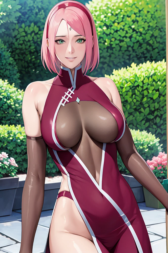 Sakura Haruno,1 girl,large chest,round breasts,oben ohne,Nacktheit,Sex,Perfect Body,schmale Taille,sexy body,hellrosa Haare,green eyes,symmetrisches Gesicht,Sharpness,scharfer Fokus,cute smile,Blick auf den Betrachter,Stillstand,aufrecht stehend,Beautiful garden in the background,dunkelblaue Raute auf der Stirn,,half body,half body portrait,Upper Body Only,komplett nackt,She shows off her breasts,sie zeigt ihre nippel,,Nacktheit,Sex,Breasts show,zeigen