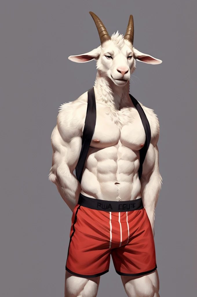 (solo,furry,anthro),male,standing,front view, muscular body, simple image background, goat,wearing boxer shorts, hands behind back, by bebebebebe:1.2,by buta99,by foxovh,by ruan jia
