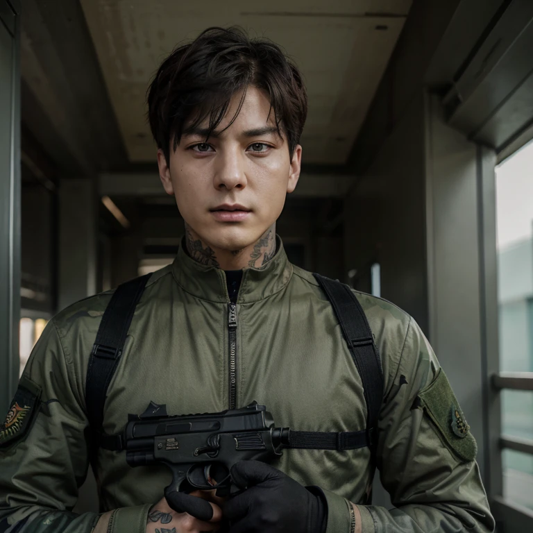 Man holding a pistol, combat suit with supports, shooting position