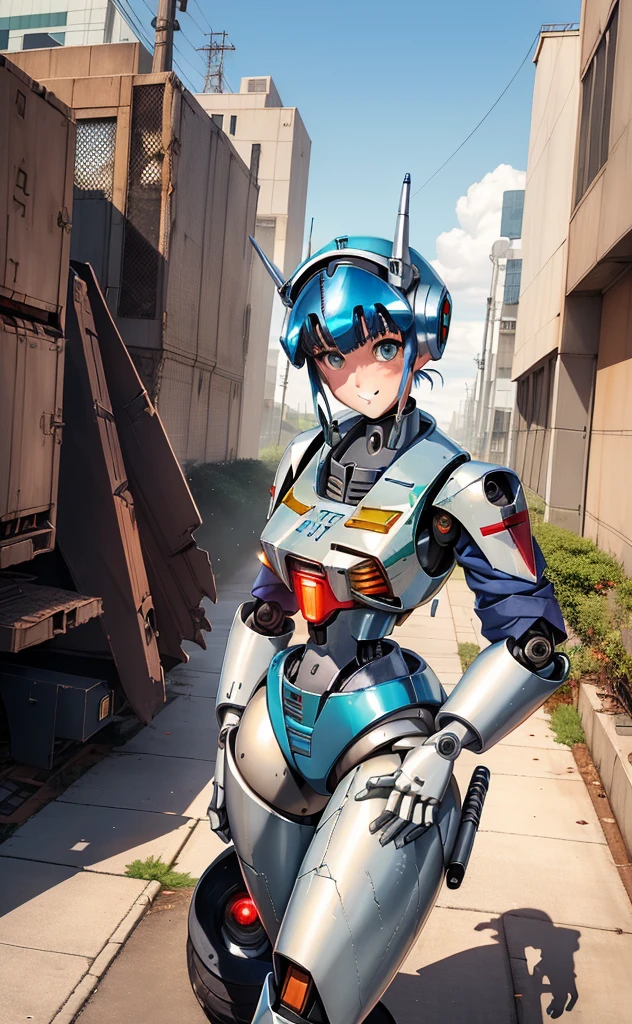 ((ground_destroyed robot from Patlabor, destroyed civil robot from Patlabor, Ingram of Patlabor))++, brown_hair, jacket, sitting, gloves, long_sleeves, pants, patlabor, 1girl, sky, necktie, yellow_neckwear, riding, shirt, outdoors, police_uniform, collared_shirt, vest, bangs, day, police, smile, white_shirt, blue_sky, standing, shoes, short_hair, blue_jacket, city, from_side, looking_down, headwear_removed, straddling, oldschool, black_footwear, ((patlabor_uniform, gun, blue_background, shadow, white_gloves, giant robot, science_fiction, blue_pants, boots, bowtie, 1990s_(style), holding, looking_away, open_clothes, black_neckwear, closed_mouth, police woman, open_jacket, blazer, wing_collar, cloud, looking_afar, black_jacket, Ingram of Patlabor in backgroud, destroyed robot in backgroud, destroyed robot from Patlabor))