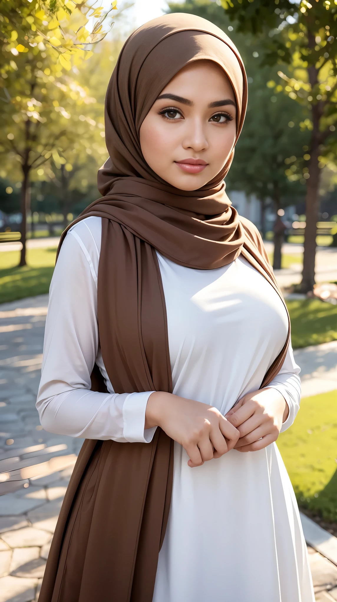 RAW, Best quality, high resolution, masterpiece: 1.3), beautiful Malay woman in hijab, Masterpiece, perfect fit body, big breasts, thick thighs, beautiful big eyes, Soft smile, muslim woman in a white dress and a brown scarf, white hijab, hijab, beautiful aesthetic, beautiful design, abundent in details,  with lovely look, wearing beautiful clothes, detailed picture, beautiful , with beautiful colors, beutifull girl , City parks, Great lighting, Bright colors, Ultra realistic clean lines, very realistic
