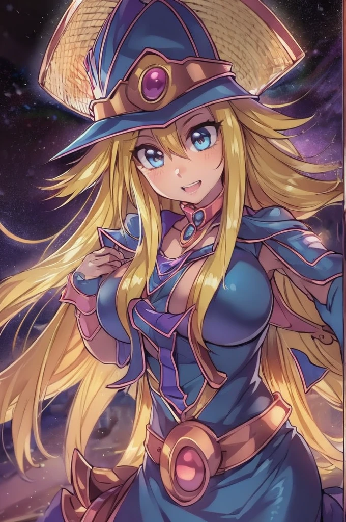 make dark magician girl, hentai pose, long blonde hair, big natural breasts, arena, yugioh, milf, desire face, detailed face, detailed breasts, best quality, night, yugioh duel