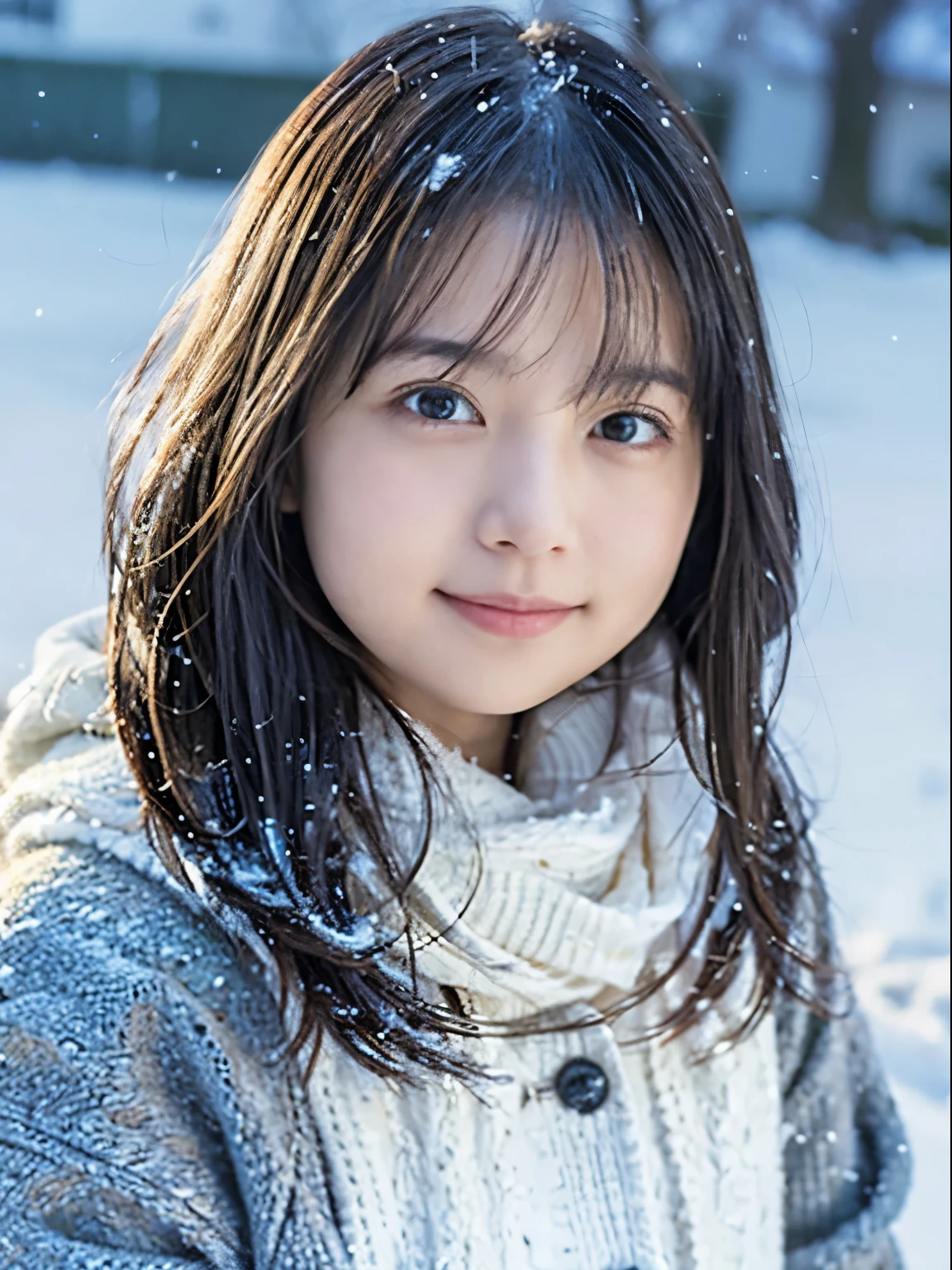 An ultra-high picture quality、Perfect Photo、japanes、japanese beauty girl、15yo student、((((profile))))、big-eyed、(((closing eye)))、Slender eyes、Winter clothes、Photography Staff、Photography Studio、A dark-haired、Okabo head、Layer Hair、up looking、