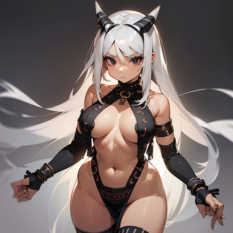 (((I want a woman with light skin, completely black eyes, long gray hair, body with slight curves, medium breasts, wearing tribal clothes)))